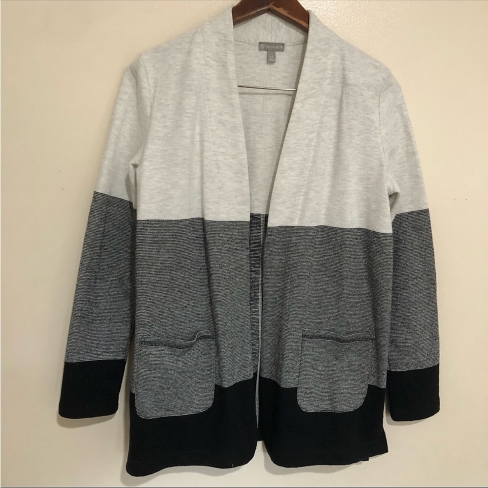 Talbots gray and black two tones color block open front cardigan sweater.